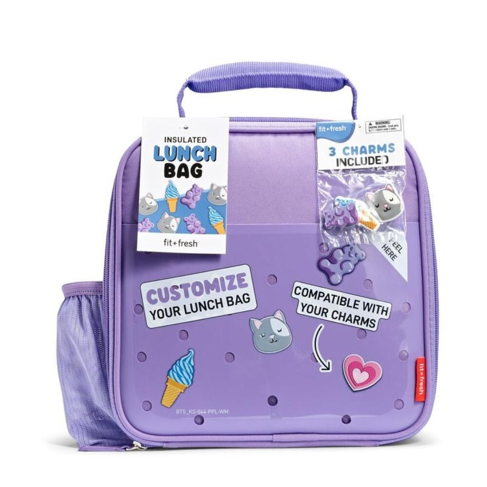 Lunch Bag Reusable/Insulated Polyester Bag Purple with Shoe Charm Slots